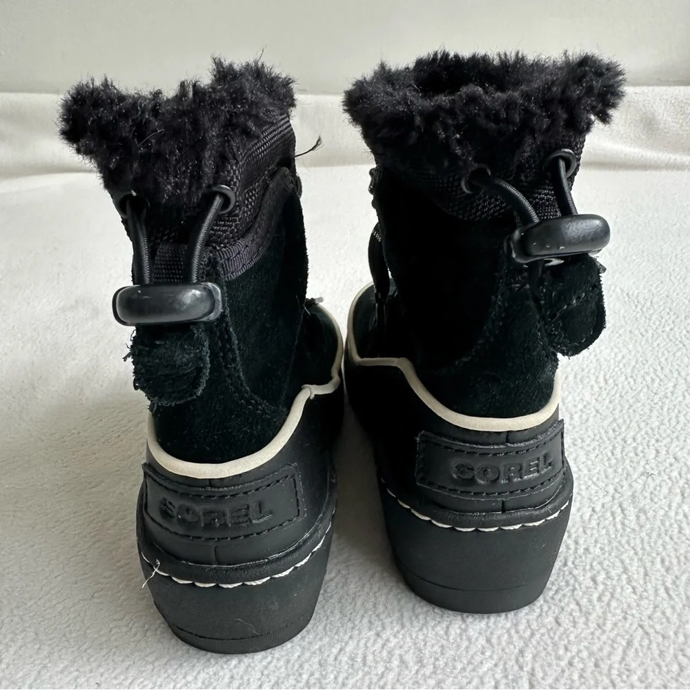Sorel YOUTH Black Winter Snow Boots Kids Size 8 US Suede Rubber Faux Fur Lace Up